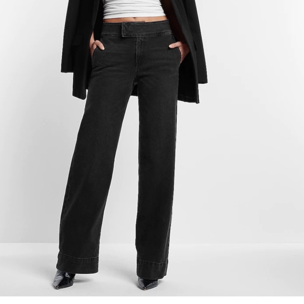 Express High Waisted Washed Black Tall Hem Wide Leg Jeans